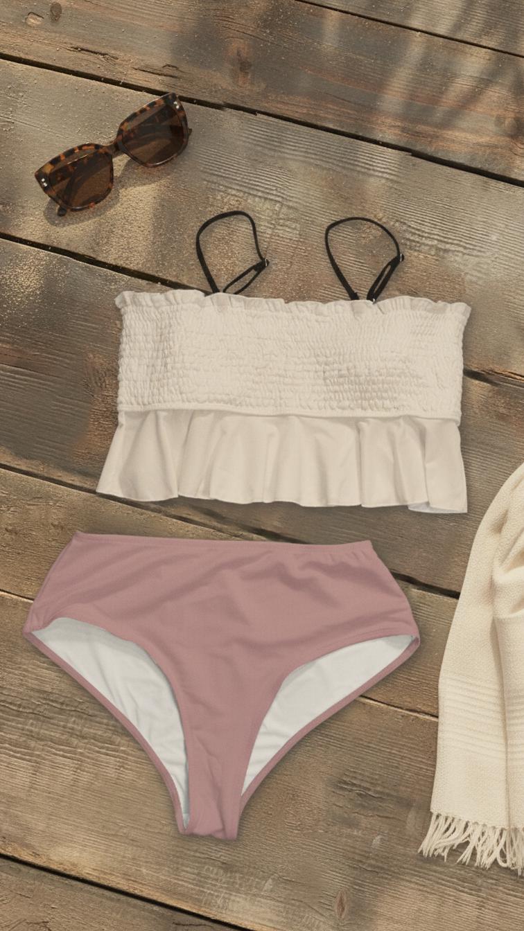 Retro Smocked Bikini Set with Ruffle | Vintage-Inspired Crop Tankini Swimsuit | Two-Tone Cream & Old Rose