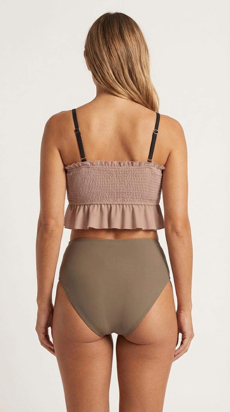 Retro Smocked Bikini Set with Ruffle | Vintage-Inspired Crop Tankini Swimsuit | Two-Tone Old Rose & Tobacco