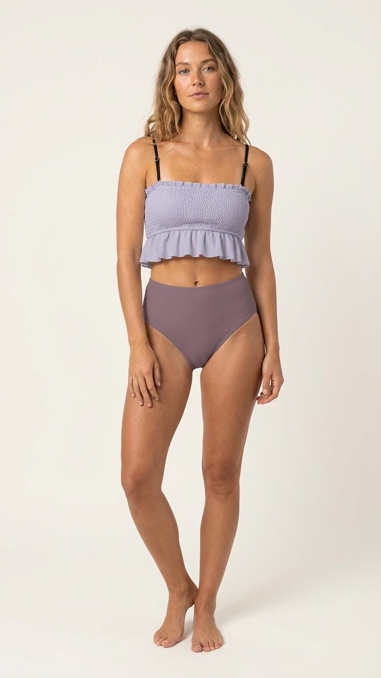 Retro Smocked Bikini Set with Ruffle | Vintage-Inspired Crop Tankini Swimsuit | Two-Tone Lilac & Plum