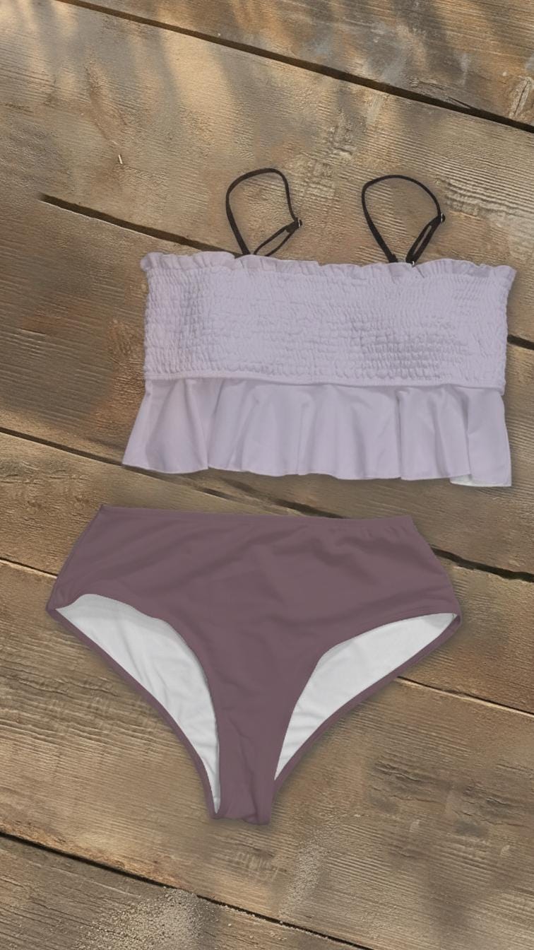 Retro Smocked Bikini Set with Ruffle | Vintage-Inspired Crop Tankini Swimsuit | Two-Tone Lilac & Plum