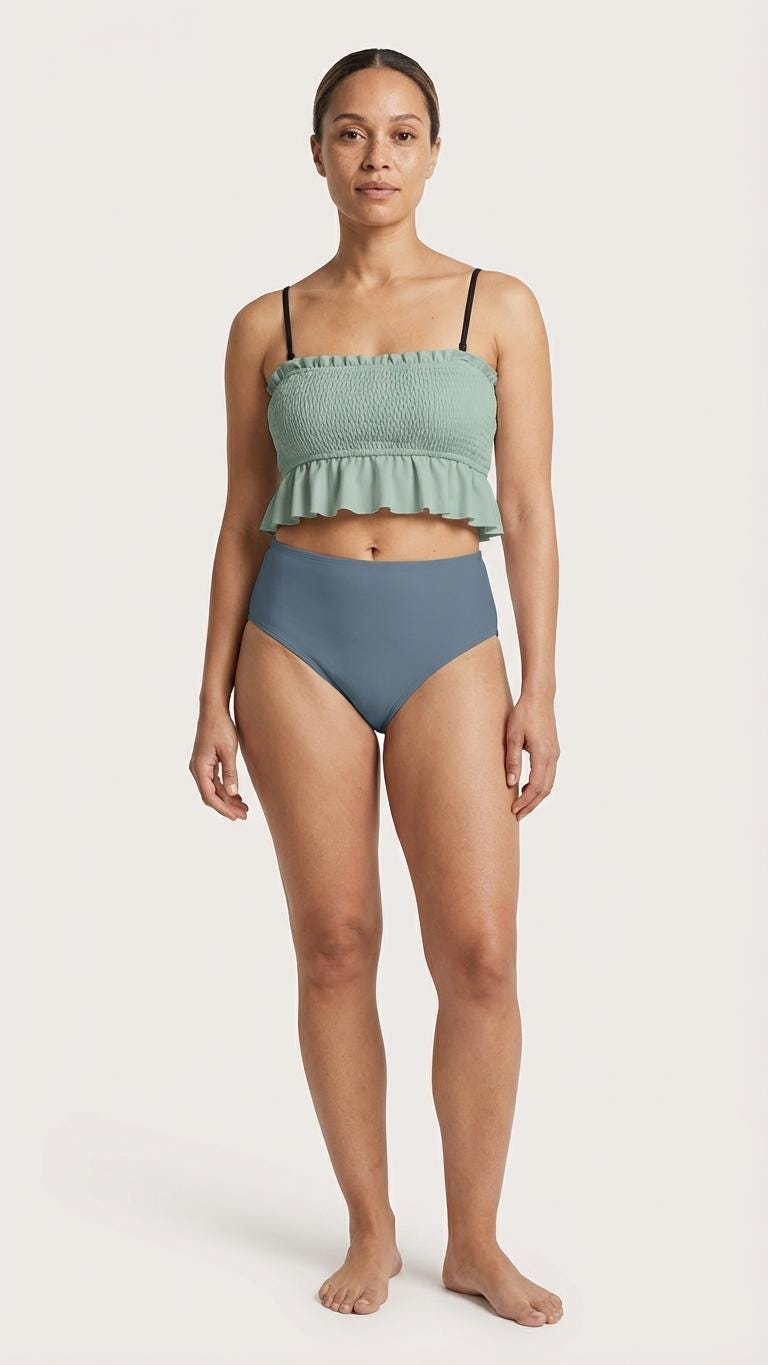 Retro Smocked Bikini Set with Ruffle | Vintage-Inspired Crop Tankini Swimsuit | Two-Tone Seafoam & Blue