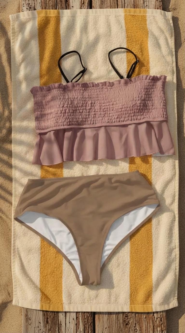 Retro Smocked Bikini Set with Ruffle | Vintage-Inspired Crop Tankini Swimsuit | Two-Tone Old Rose & Tobacco