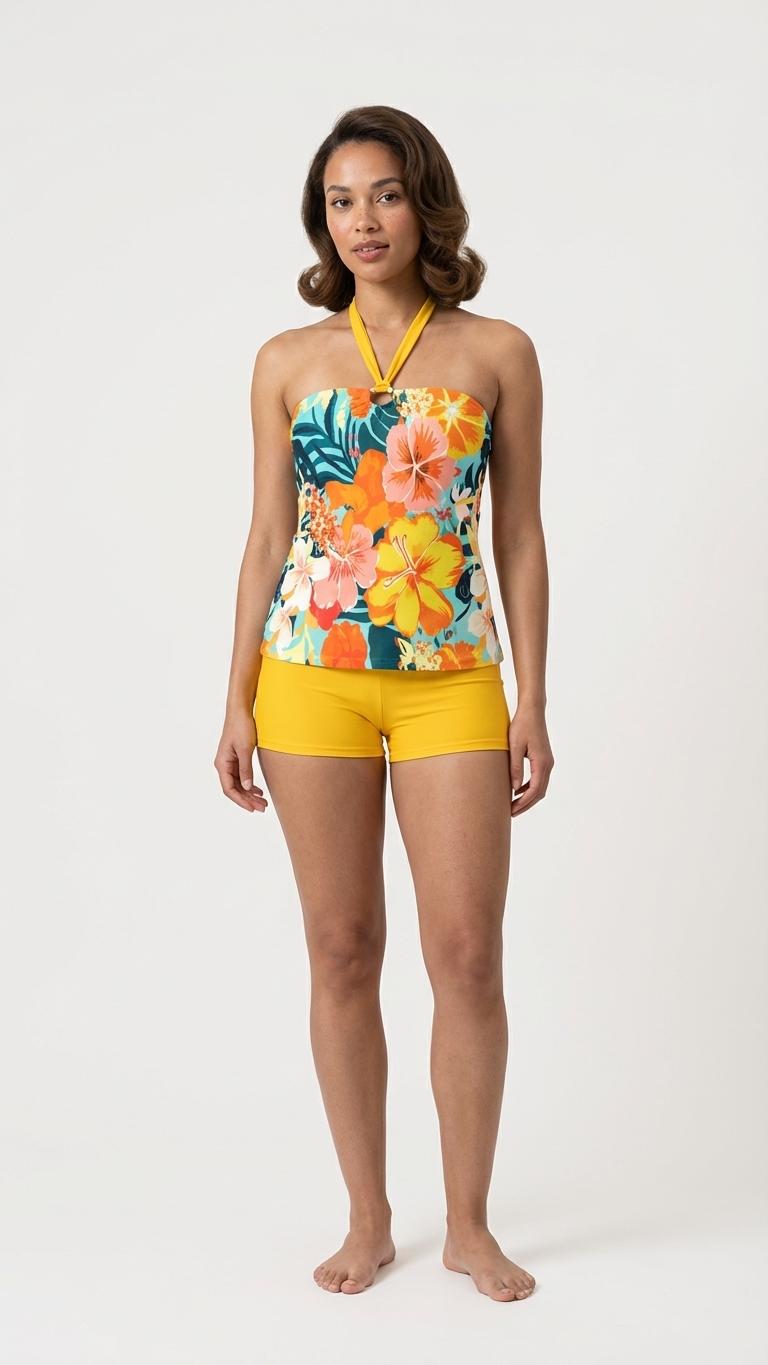 Halter Tankini Boyshorts Swimwear Set | Two-Piece Flattering Swimsuit | Multicolour Florals with Yellow