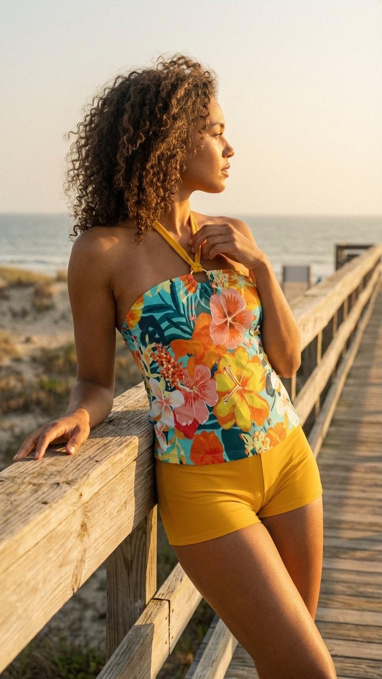 Halter Tankini Boyshorts Swimwear Set | Two-Piece Flattering Swimsuit | Multicolour Florals with Yellow
