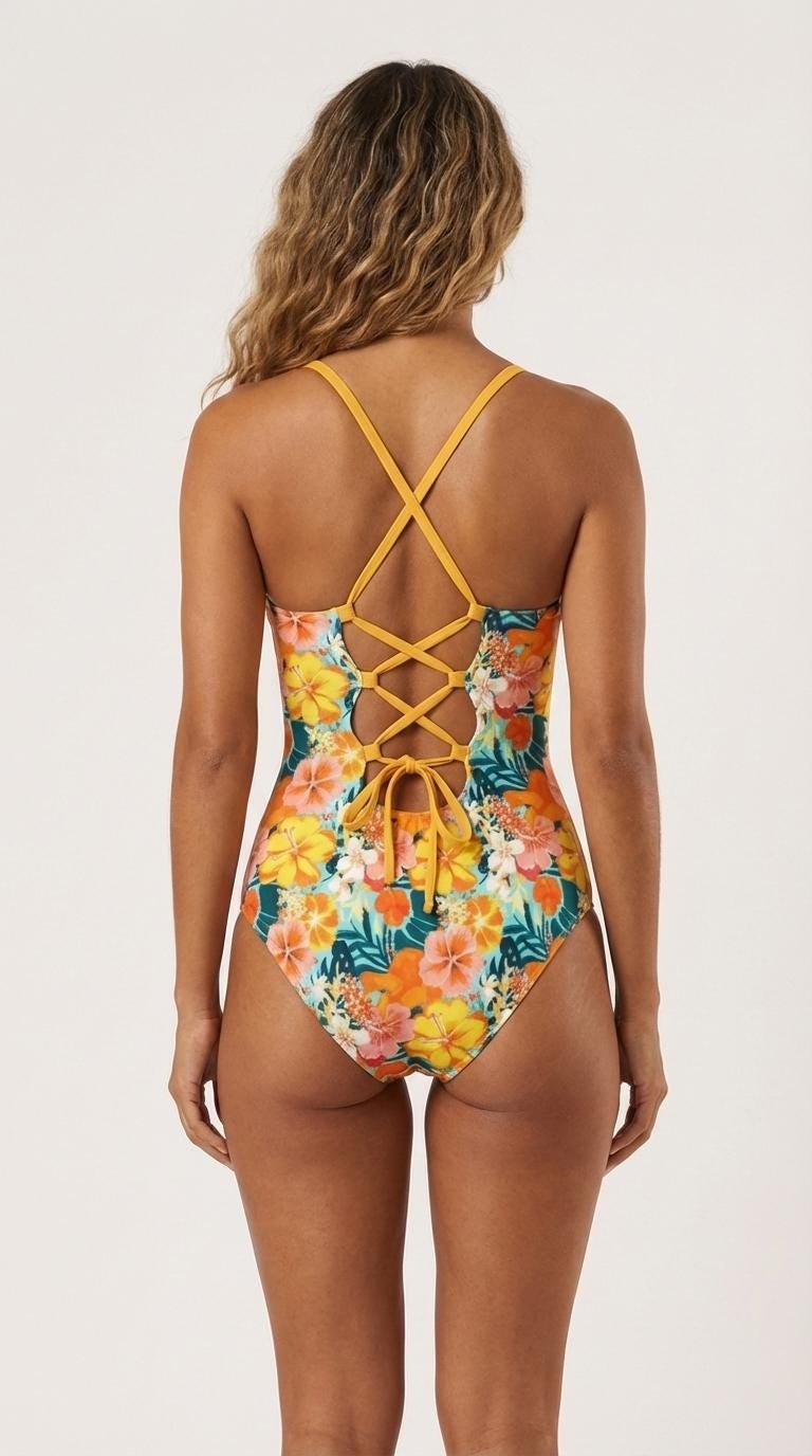 Retro Romantic Push-Up One-Piece Swimsuit with Lace-Up Back, Hawaiian Retro Surf Florals