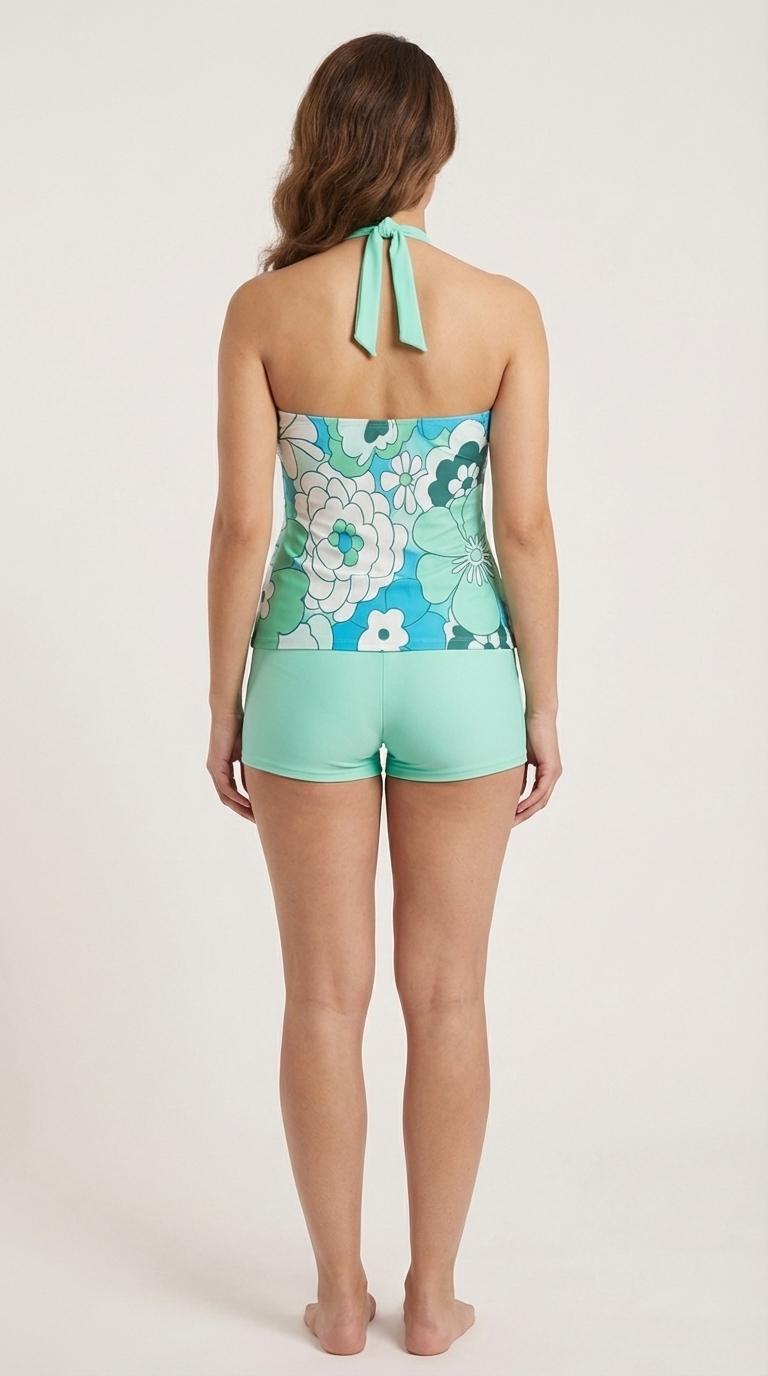 Halter Tankini Boyshorts Swimwear Set | Two-Piece Flattering Swimsuit | Seafoam Florals