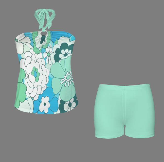 Halter Tankini Boyshorts Swimwear Set | Two-Piece Flattering Swimsuit | Seafoam Florals
