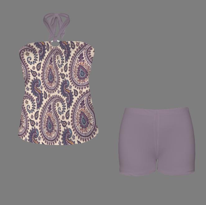 Halter Tankini Boyshorts Swimwear Set | Two-Piece Flattering Swimsuit | Violet Paisley