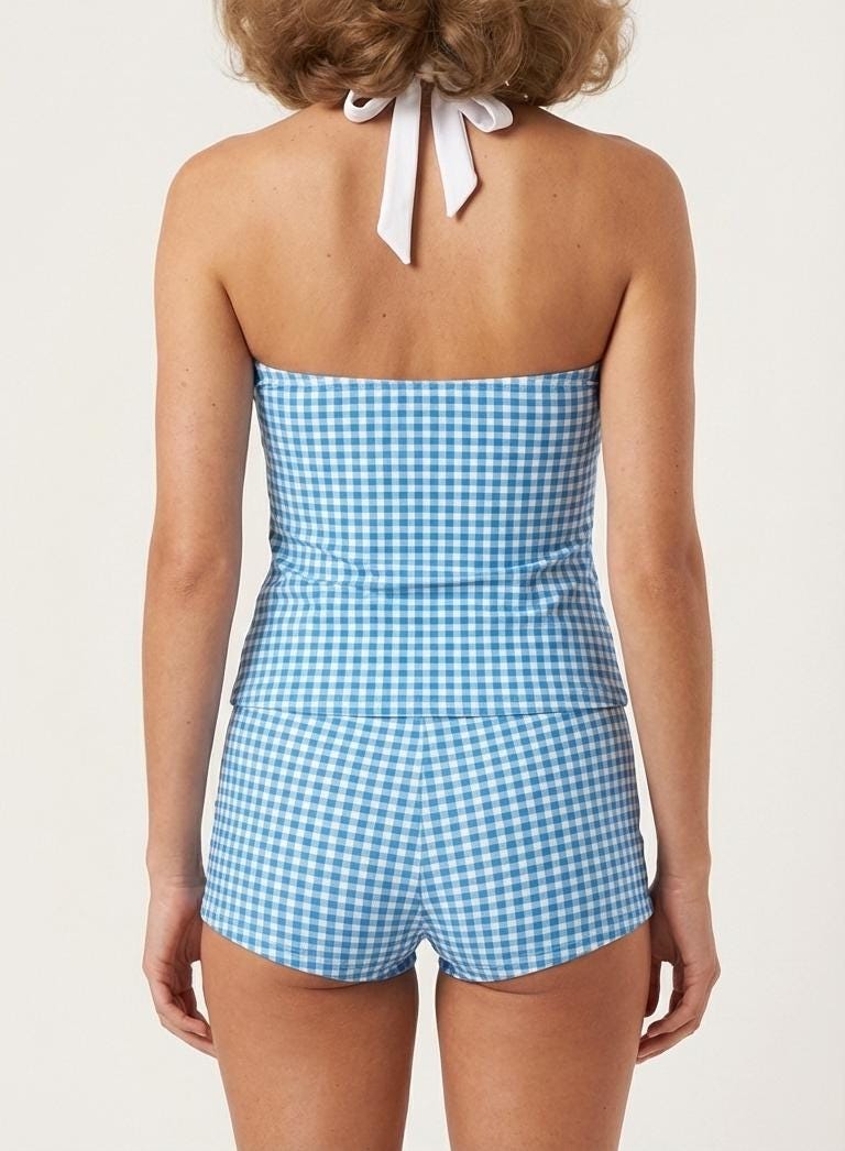 Halter Tankini Boyshorts Swimwear Set | Two-Piece Flattering Swimsuit | Blue Gingham