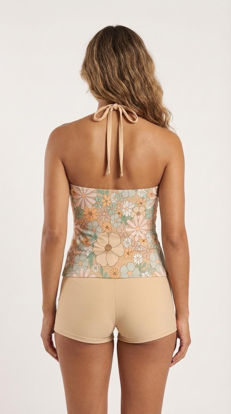 Halter Tankini Boyshorts Swimwear Set | Two-Piece Flattering Swimsuit | 70s Florals in Beige