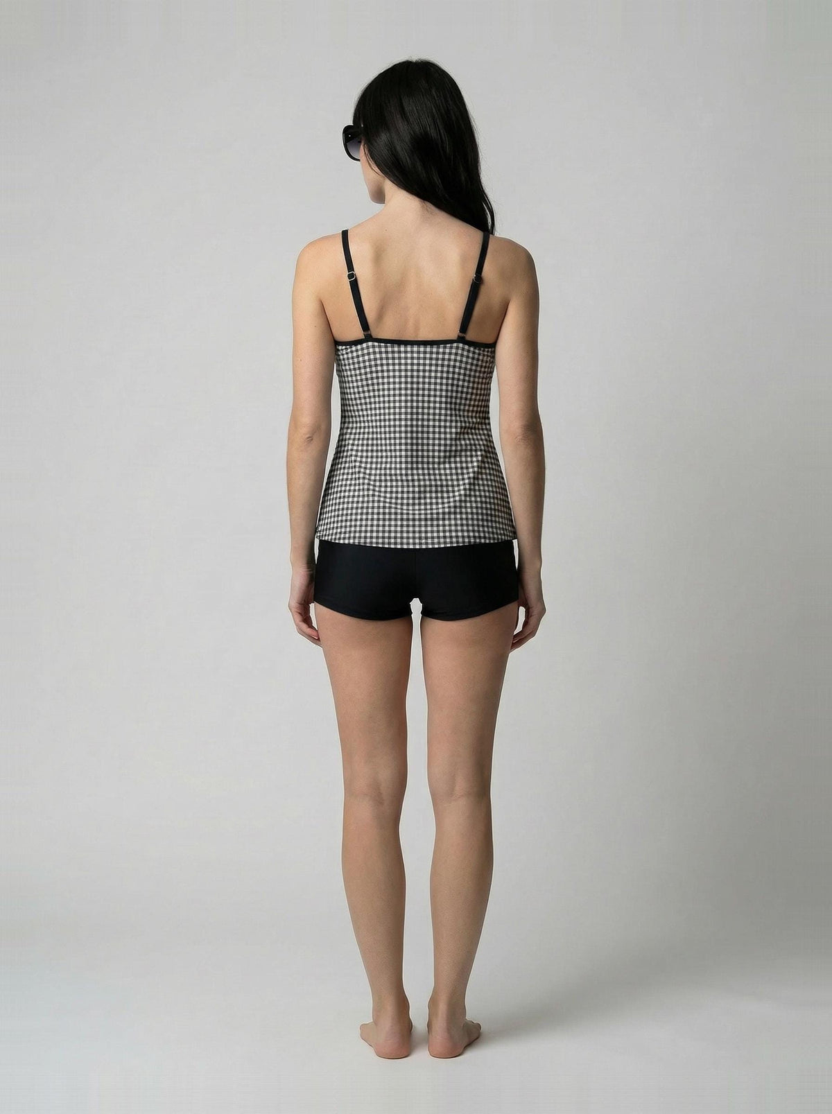 Black Flowy Halter Tankini Set – Sleek Two-Piece Swimsuit with Boyshorts - Black Gingham