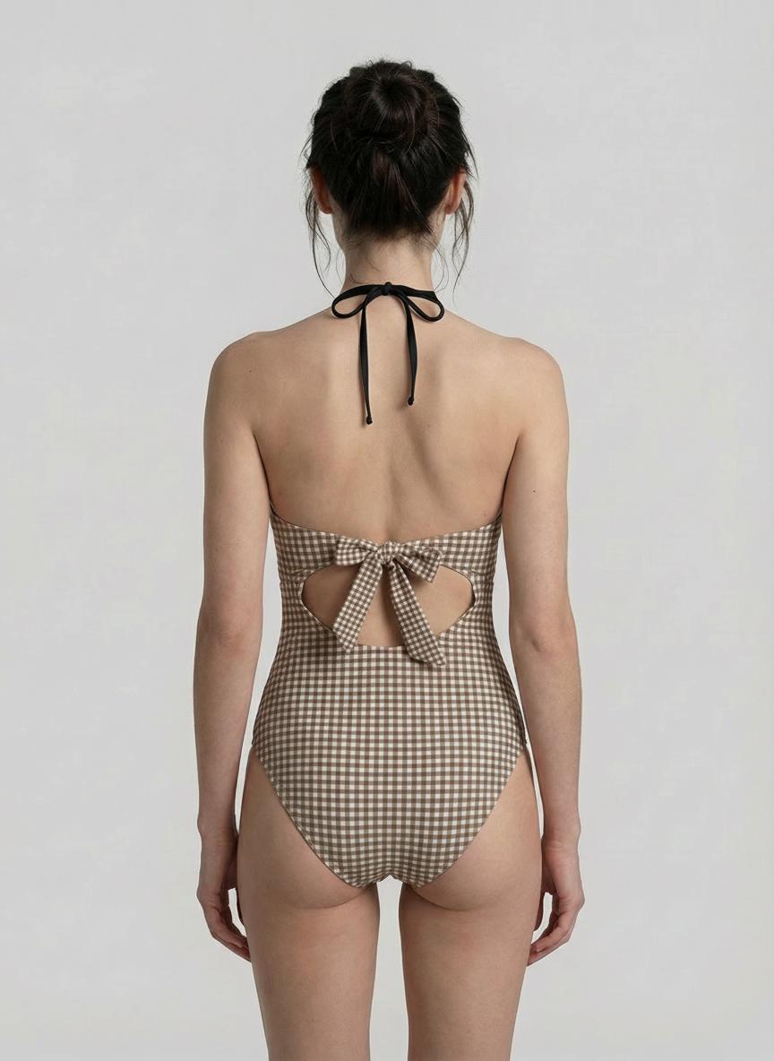 Tie Front Cut-Out One-Piece Swimsuit – Retro Sexy Plunge Monokini – Brown Gingham