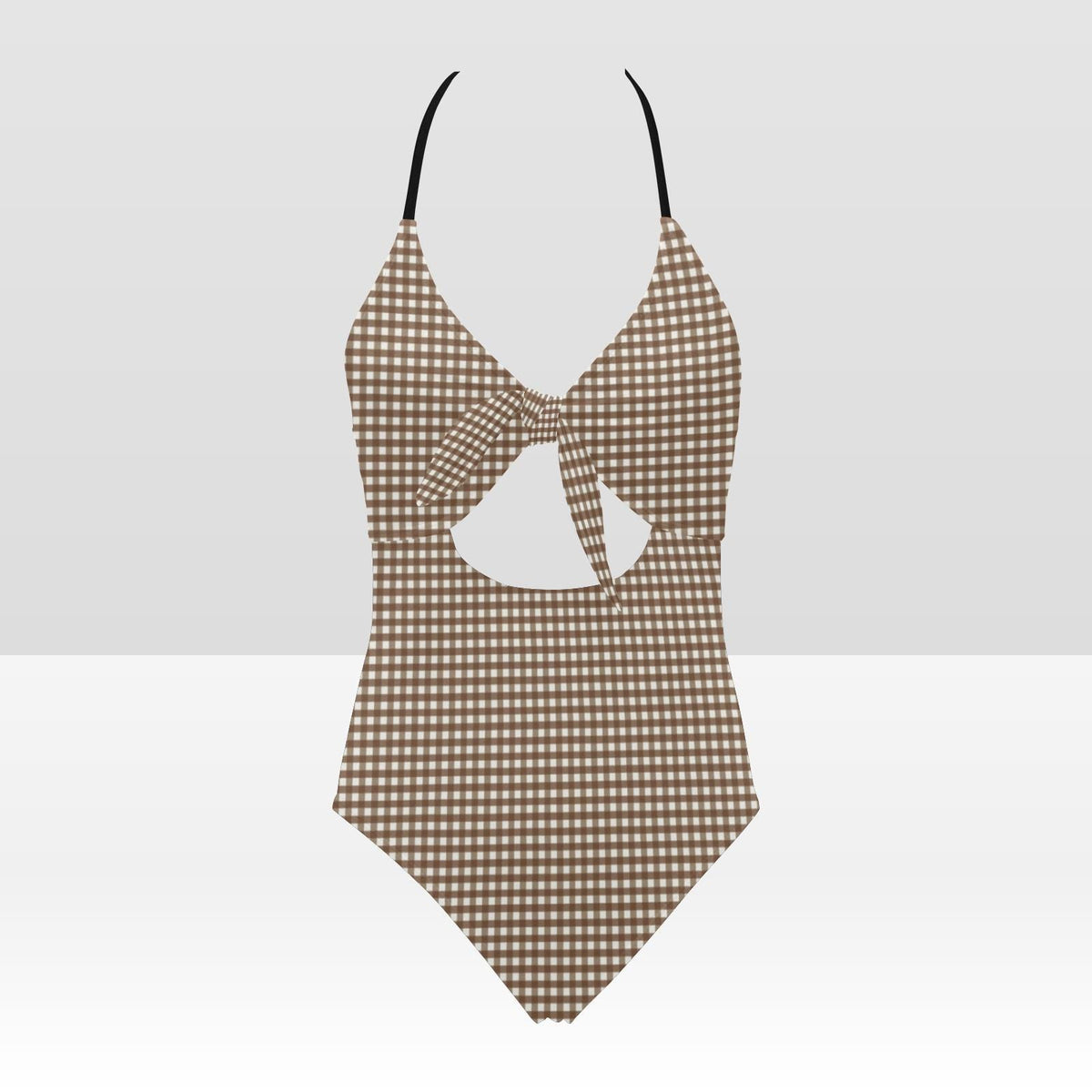 Tie Front Cut-Out One-Piece Swimsuit – Retro Sexy Plunge Monokini – Brown Gingham