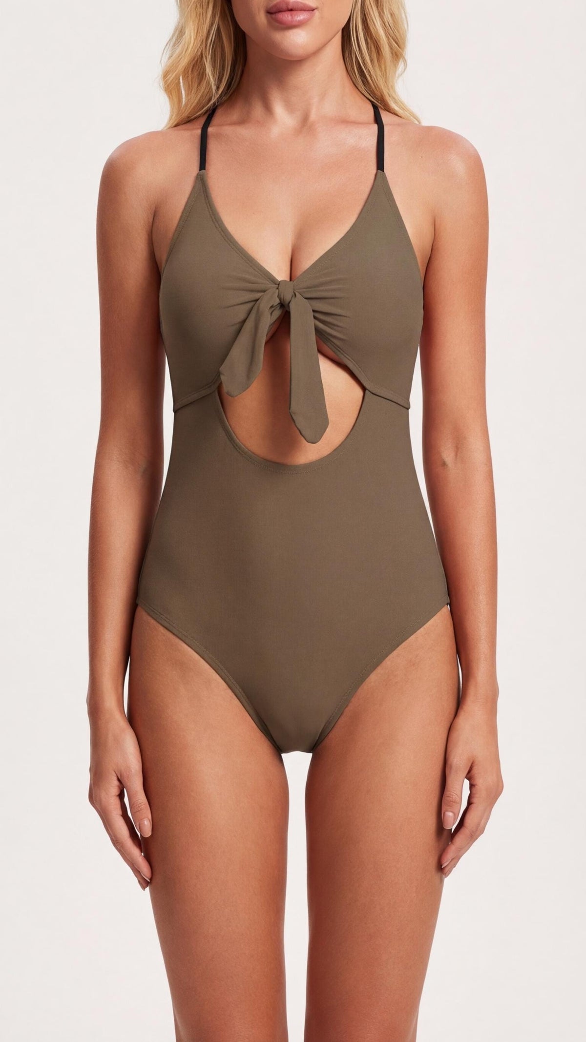 Tie Front Cut-Out One-Piece Swimsuit – Retro Sexy Plunge Monokini – Mocha Taupe Brown
