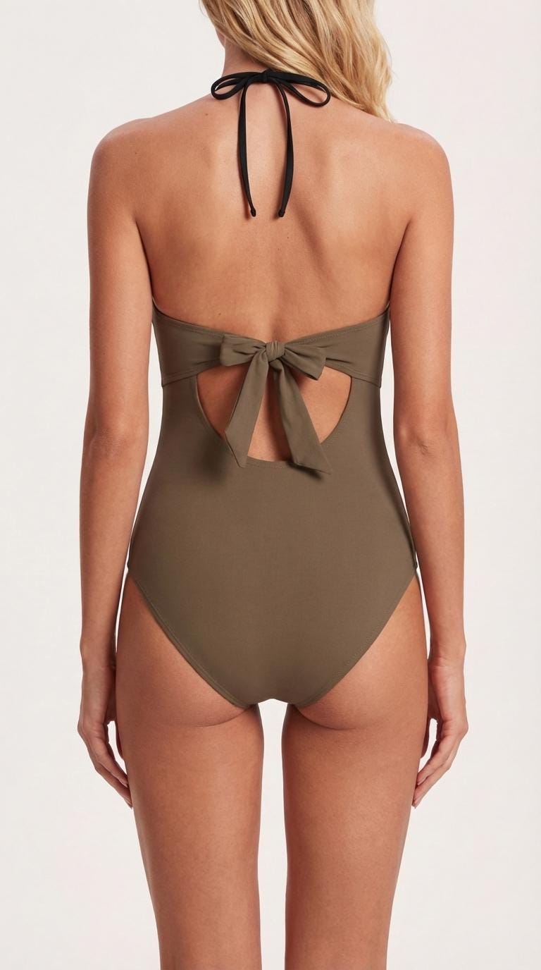 Tie Front Cut-Out One-Piece Swimsuit – Retro Sexy Plunge Monokini – Mocha Taupe Brown