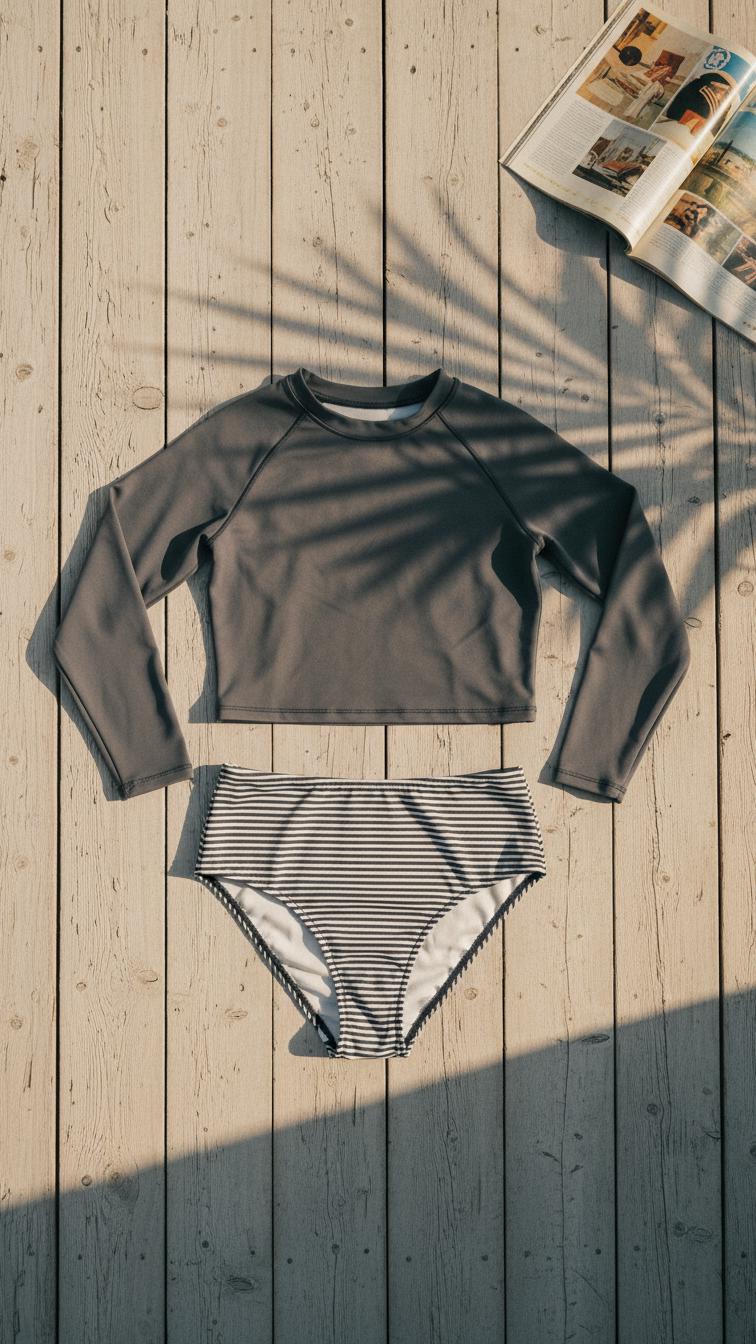 Retro Striped High-Waist Bikini Set | Long Sleeve Crop Top Swimsuit