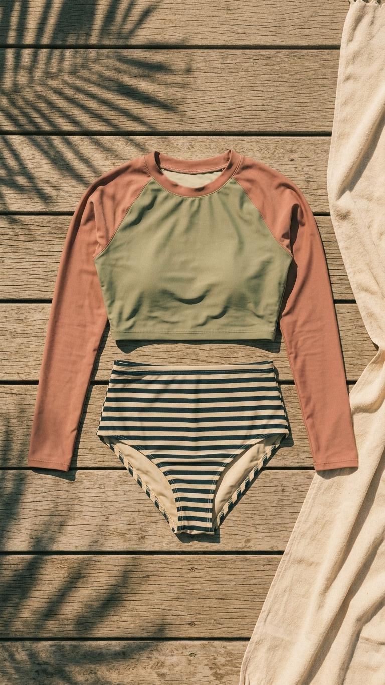 Retro Surf Long-Sleeve Bikini - Cropped Rash-Guard, High-Waist Bottoms - Sporty Two-Piece Swimsuit, Stone Grey & Terracotta
