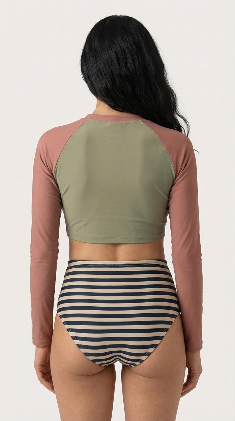 Retro Surf Long-Sleeve Bikini - Cropped Rash-Guard, High-Waist Bottoms - Sporty Two-Piece Swimsuit, Stone Grey & Terracotta