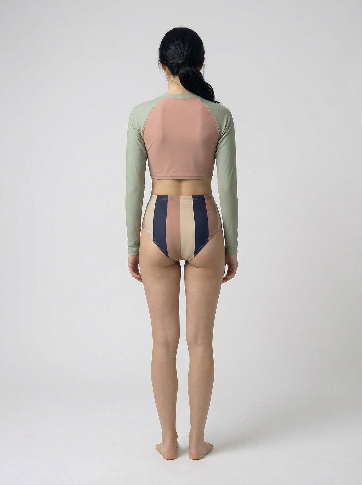 Retro Surf Long-Sleeve Bikini - Cropped Rash-Guard, High-Waist Bottoms - Sporty Two-Piece Swimsuit, Grey / Terracotta / Navy