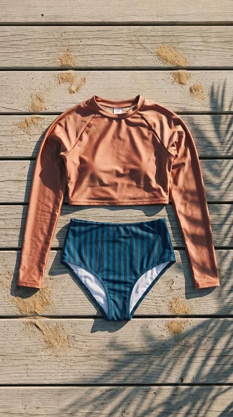Retro Surf Long-Sleeve Bikini - Cropped Rash-Guard, High-Waist Bottoms - Sporty Two-Piece Swimsuit, Rose Pink / Blue
