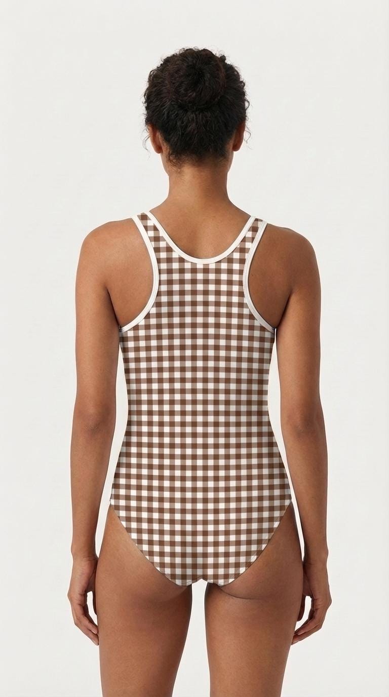 Retro Gingham One-Piece Swimsuit – Sporty White Trim, Active Fit
