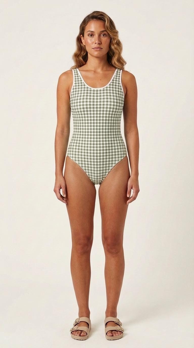 Retro Gingham One-Piece Swimsuit – Sporty White Trim, Active Fit