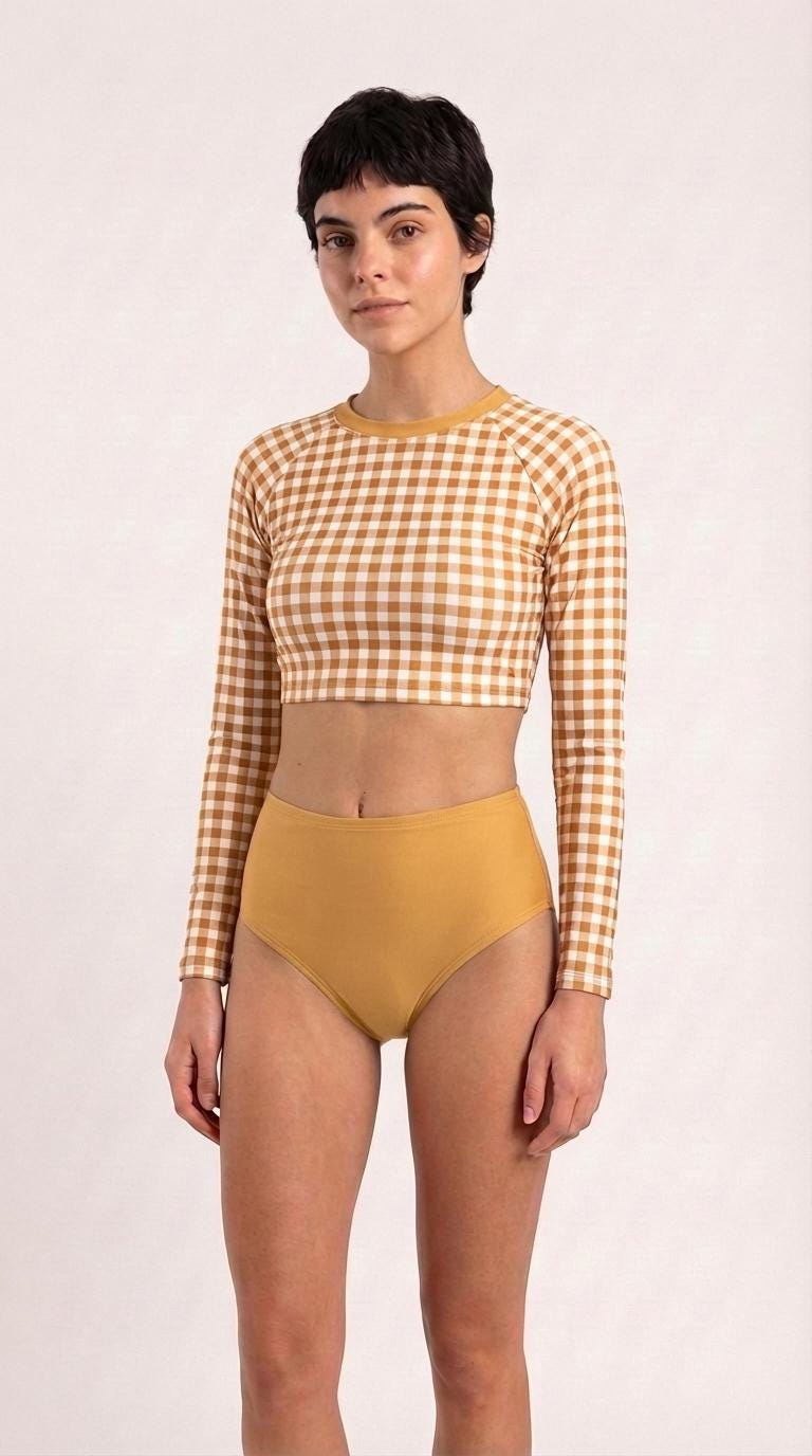 Retro Gingham Surf Suit | Long Sleeve Crop Top Bikini Swimwear Set