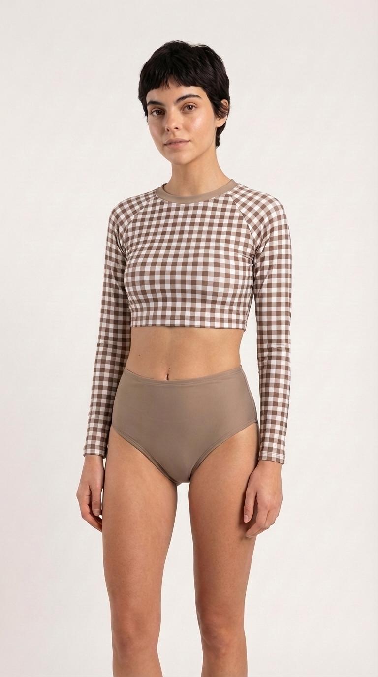 Retro Gingham Surf Suit | Long Sleeve Crop Top Bikini Swimwear Set