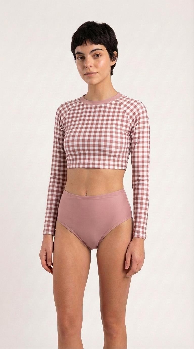 Retro Gingham Surf Suit | Long Sleeve Crop Top Bikini Swimwear Set