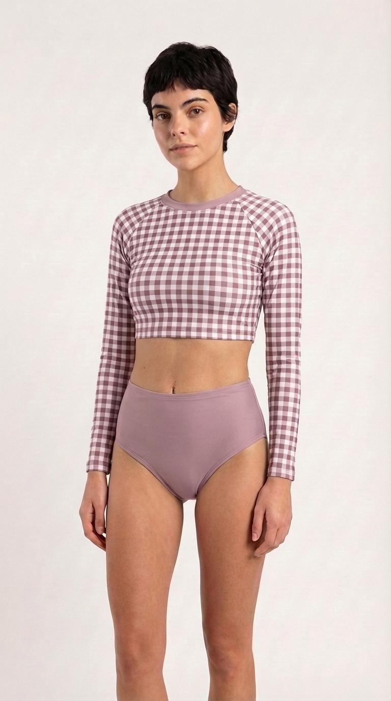 Retro Gingham Surf Suit | Long Sleeve Crop Top Bikini Swimwear Set