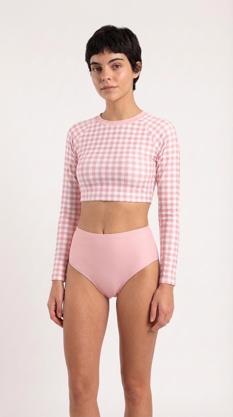 Retro Gingham Surf Suit | Long Sleeve Crop Top Bikini Swimwear Set