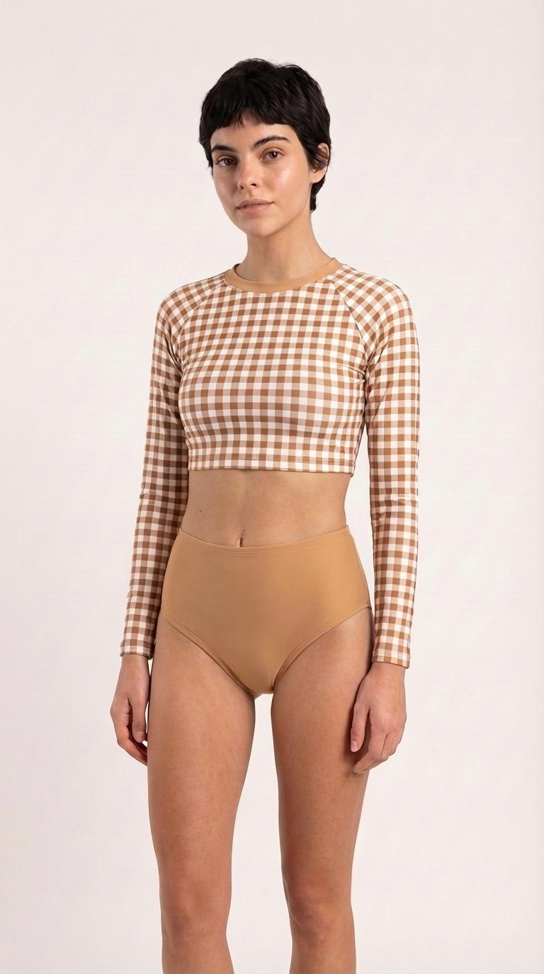 Retro Gingham Surf Suit | Long Sleeve Crop Top Bikini Swimwear Set