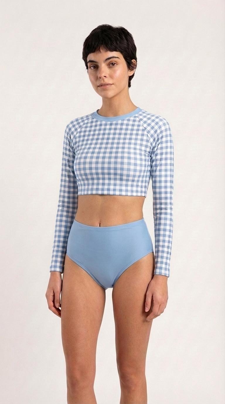 Retro Gingham Surf Suit | Long Sleeve Crop Top Bikini Swimwear Set