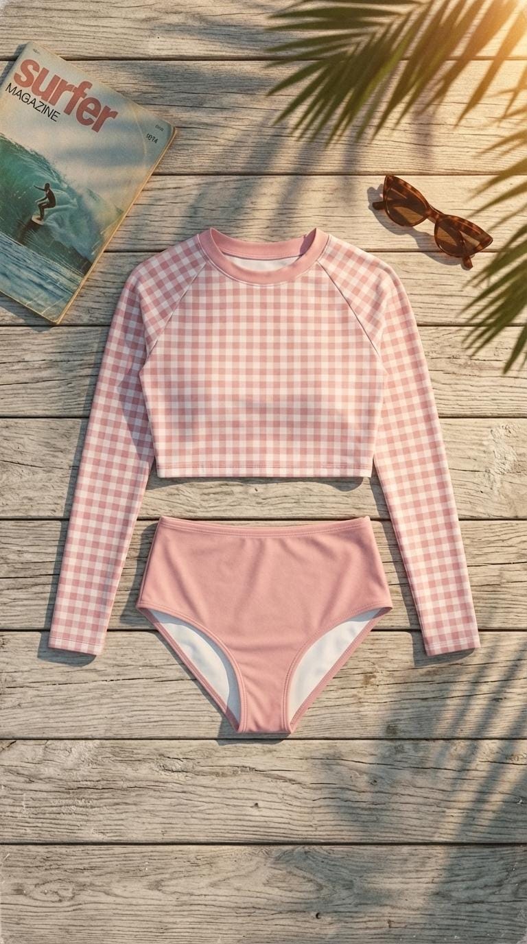 Retro Gingham Surf Suit | Long Sleeve Crop Top Bikini Swimwear Set