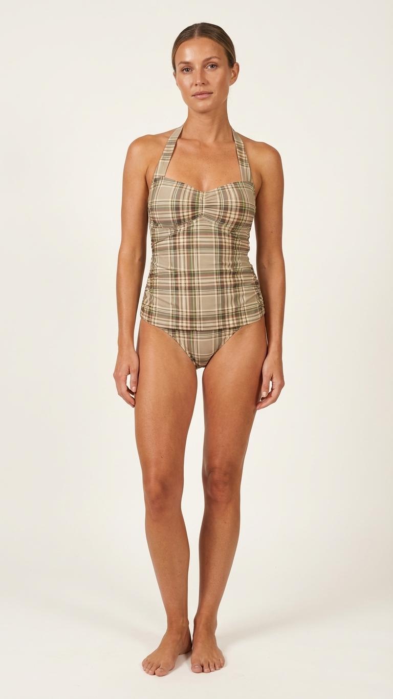 Coquette Vintage Pin-Up Plaid Checkered Halter Sweetheart One-Piece Swimsuit, Padding & Tummy Control, Beige