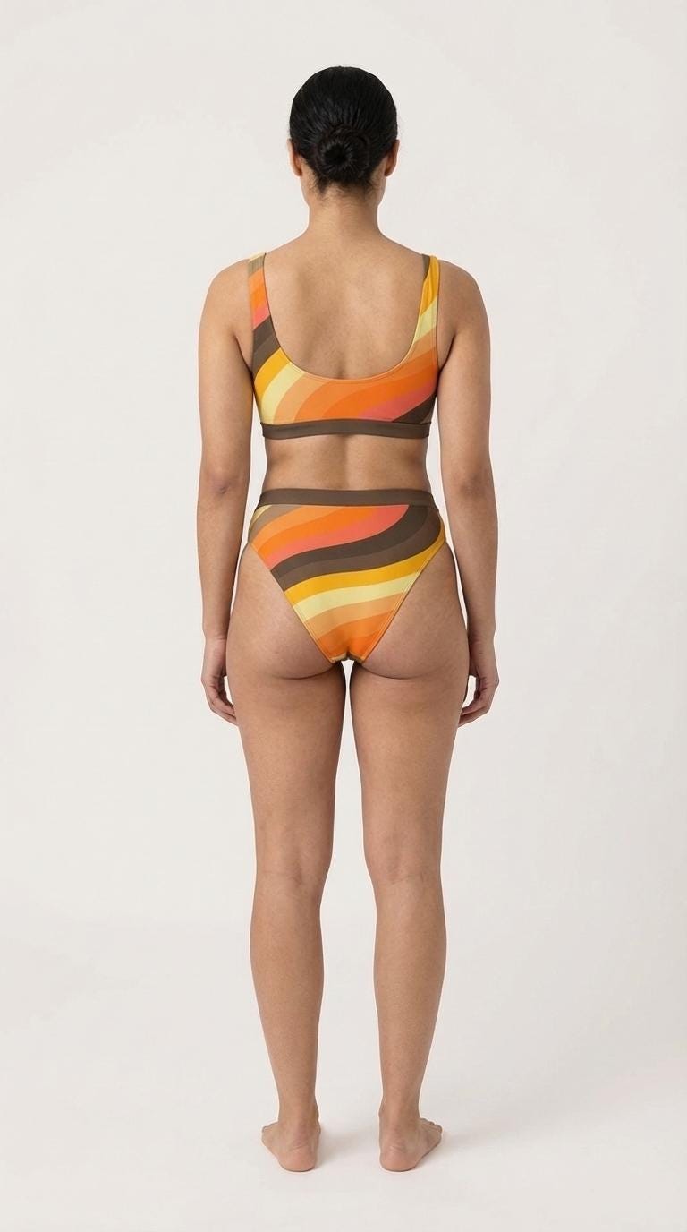 Retro Groovy 1960s-Colours Sporty Sexy Surfing Bikini – High-Waisted Swimsuit, Scoop-Neck Crop-Top, Flattering High-Leg