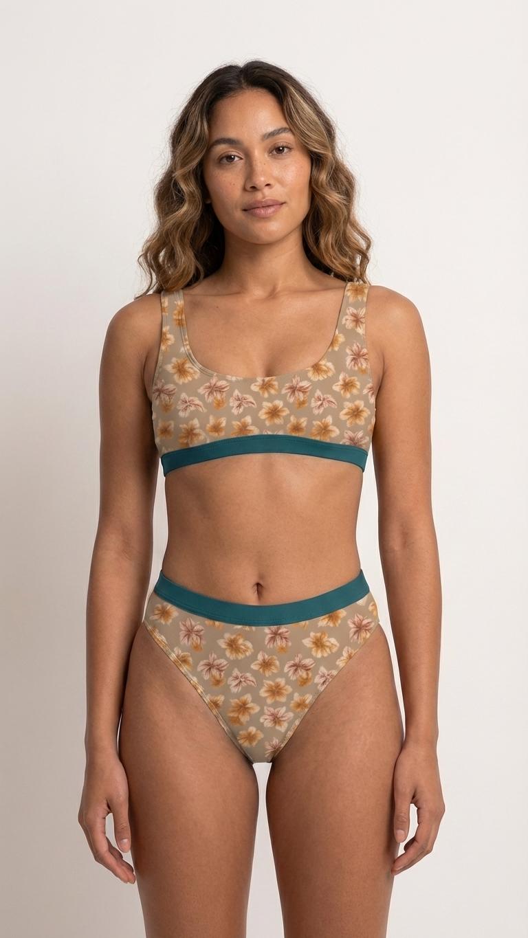 Retro Floral Taupe Sporty Sexy Surfing Bikini – High-Waisted Swimsuit, Scoop-Neck Crop-Top, Flattering High-Leg