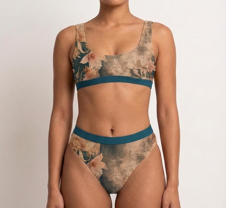 Retro Grunge Florals Sporty Sexy Surfing Bikini – High-Waisted Swimsuit, Scoop-Neck Crop-Top, Flattering High-Leg