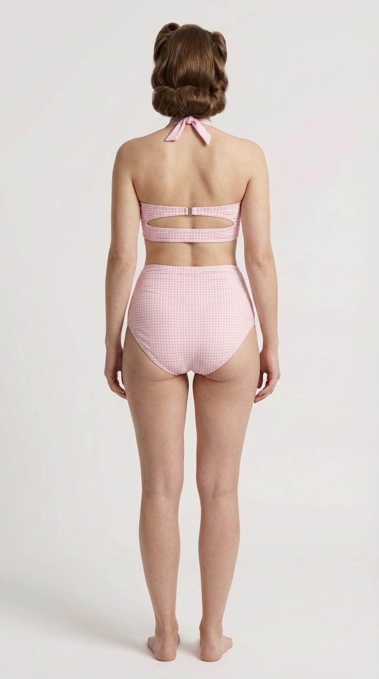 Coquette Vintage-Inspired High-Waist Bikini, Retro Pin Up 50s Gingham Pink Two-Piece Swimsuit
