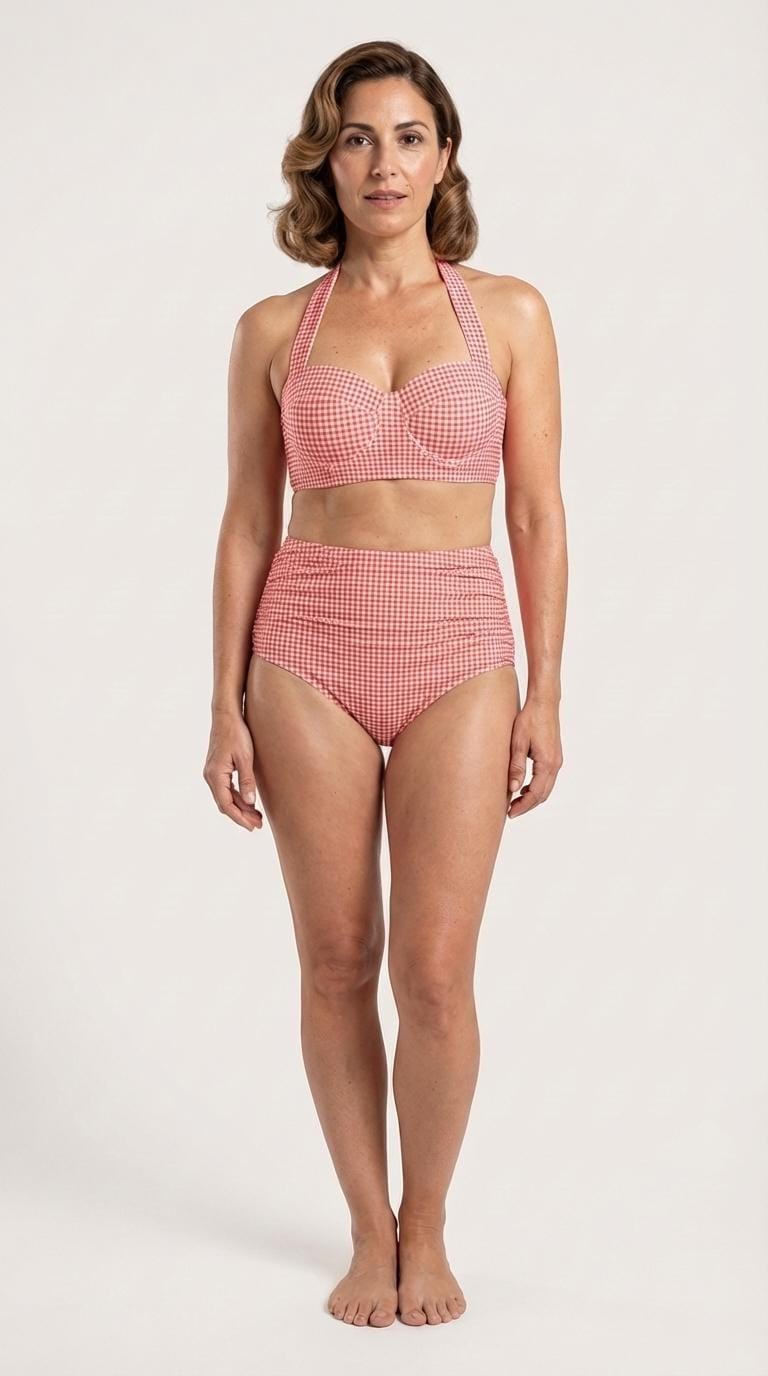 Coquette Vintage-Inspired High-Waist Bikini, Retro Pin Up 50s Gingham Red Two-Piece Swimsuit