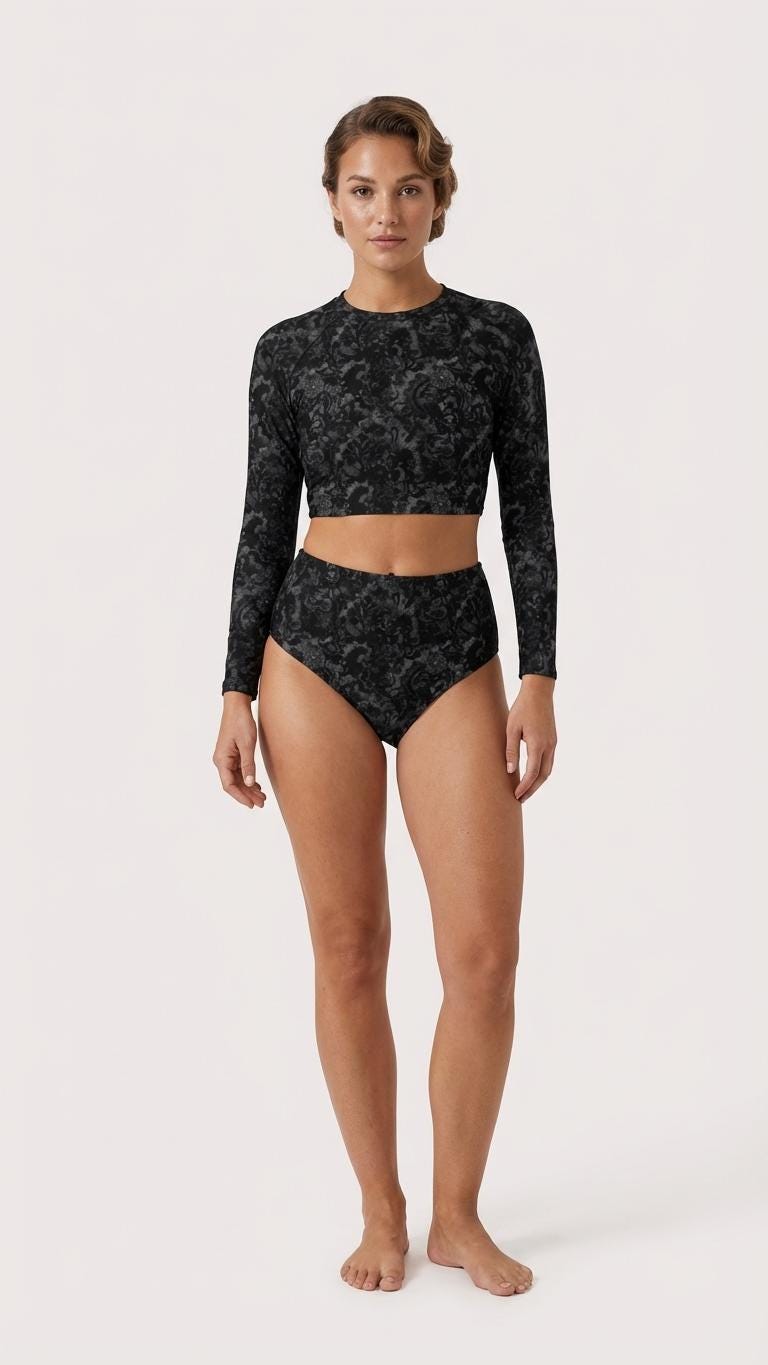 Y2K Goth Grunge High-Waist Bikini | Sporty Surf Long-Sleeve Crop-Top Swimsuit | Black Lace Print