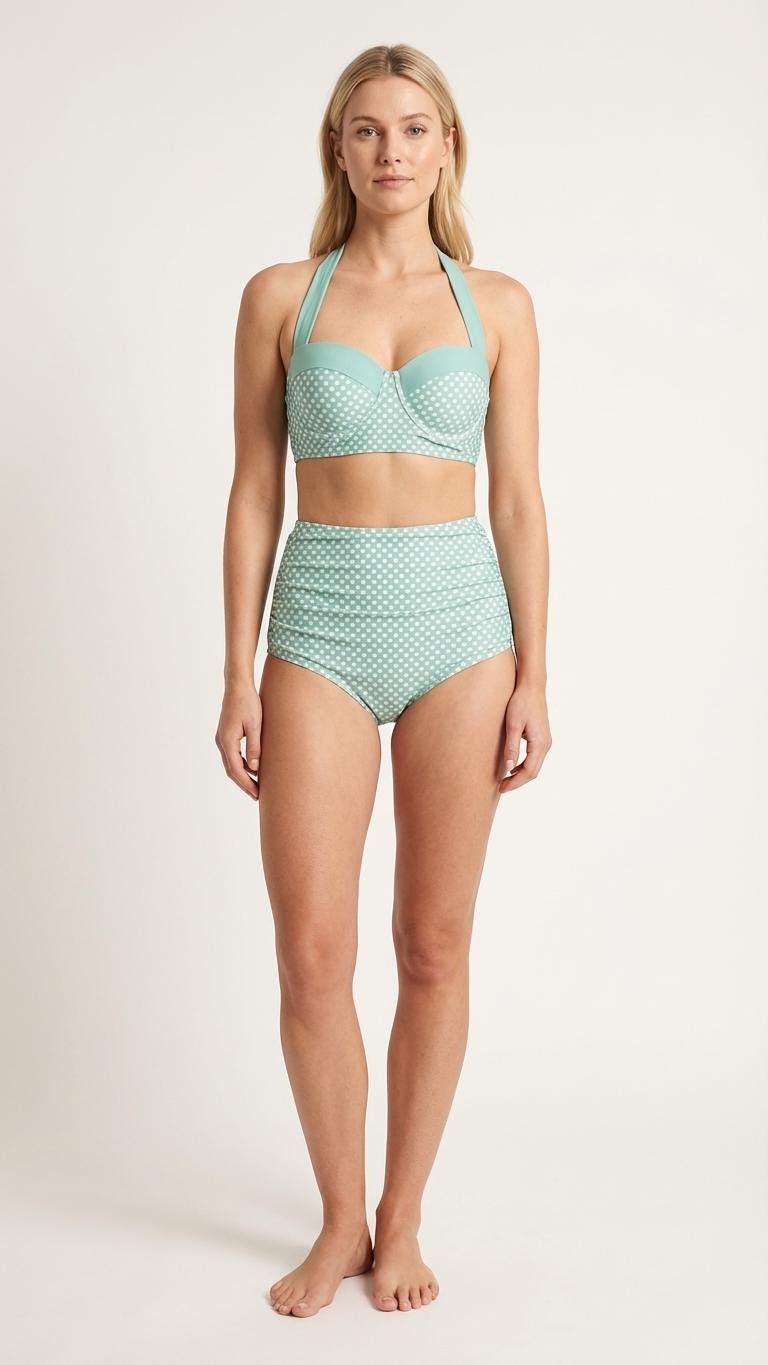 Vintage-Style High-Waisted Bikini | Retro Sweetheart Polka-Dot Pin-Up Halter Ruched Two-Piece Swimsuit, Mint