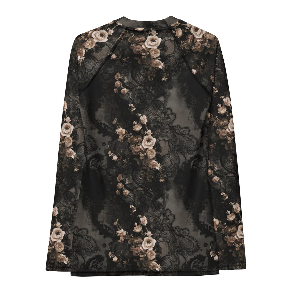 Classic Grunge Goth Surf Swim-Shirt, Brown Raglan Rash-Guard, Sun Protection - Lace & Roses (Top Only)