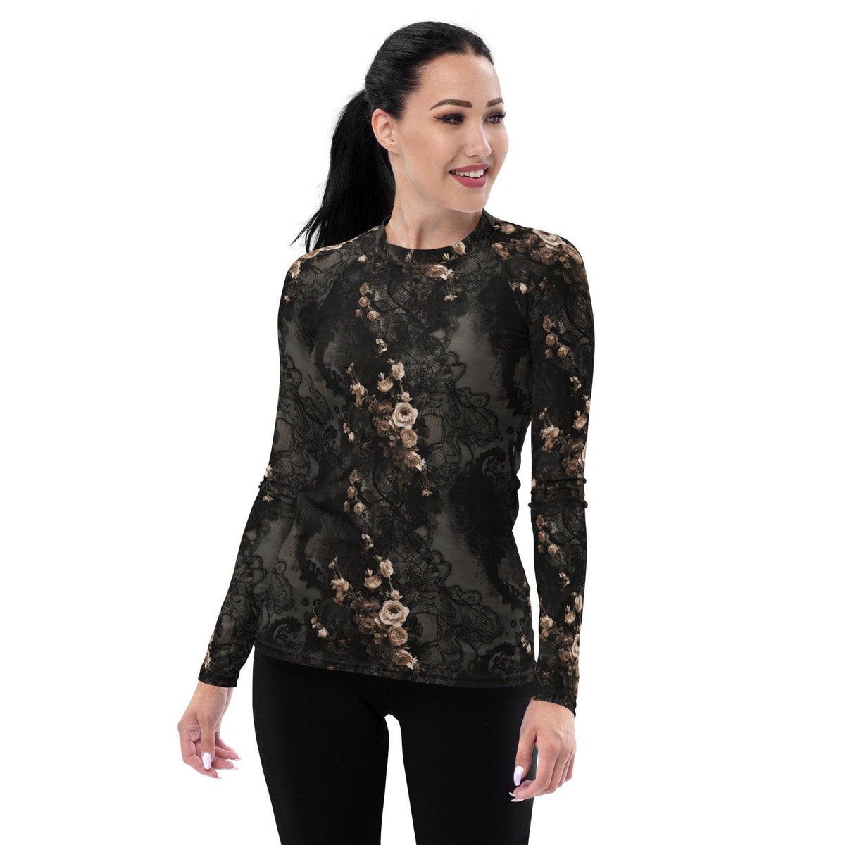 Classic Grunge Goth Surf Swim-Shirt, Brown Raglan Rash-Guard, Sun Protection - Lace & Roses (Top Only)