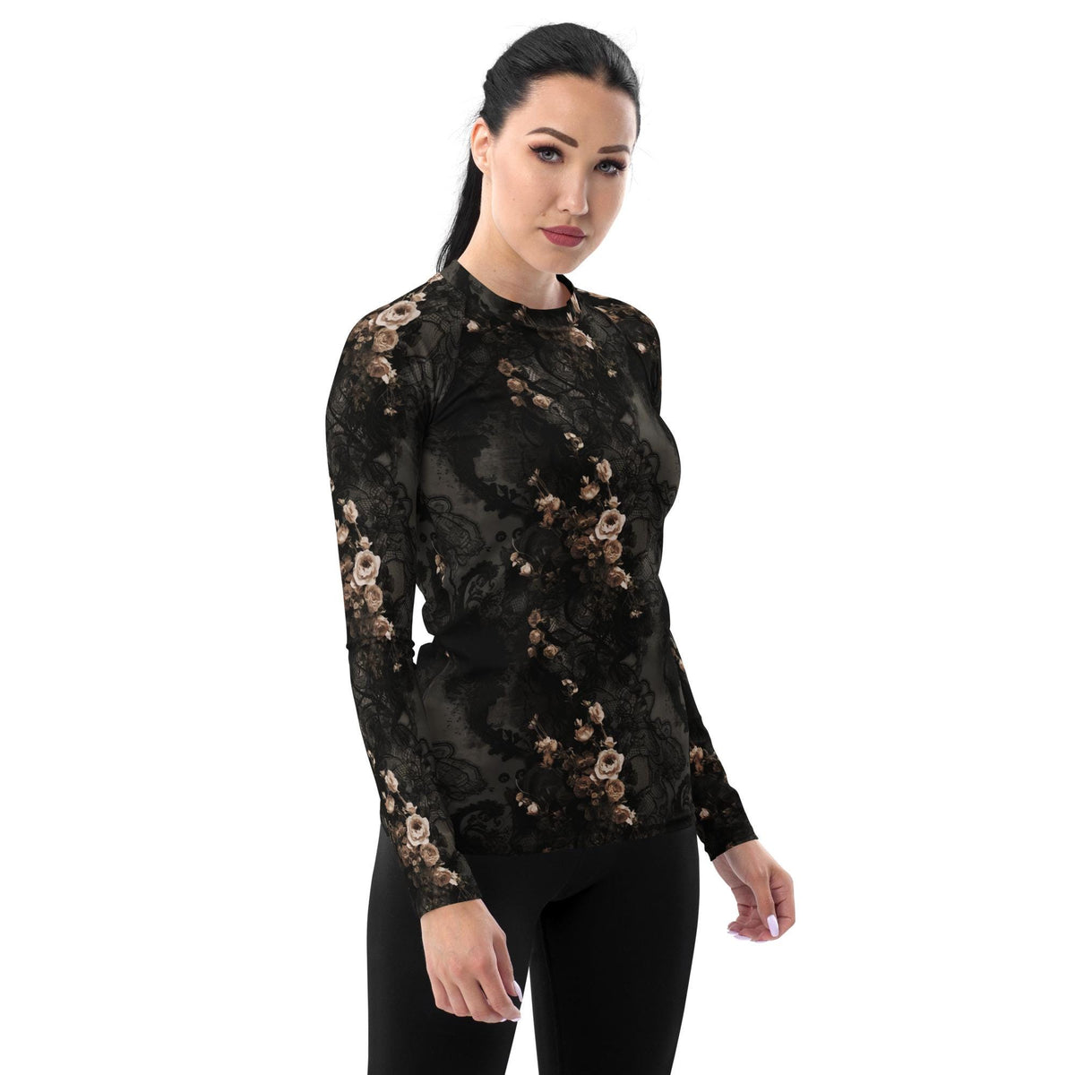 Classic Grunge Goth Surf Swim-Shirt, Brown Raglan Rash-Guard, Sun Protection - Lace & Roses (Top Only)