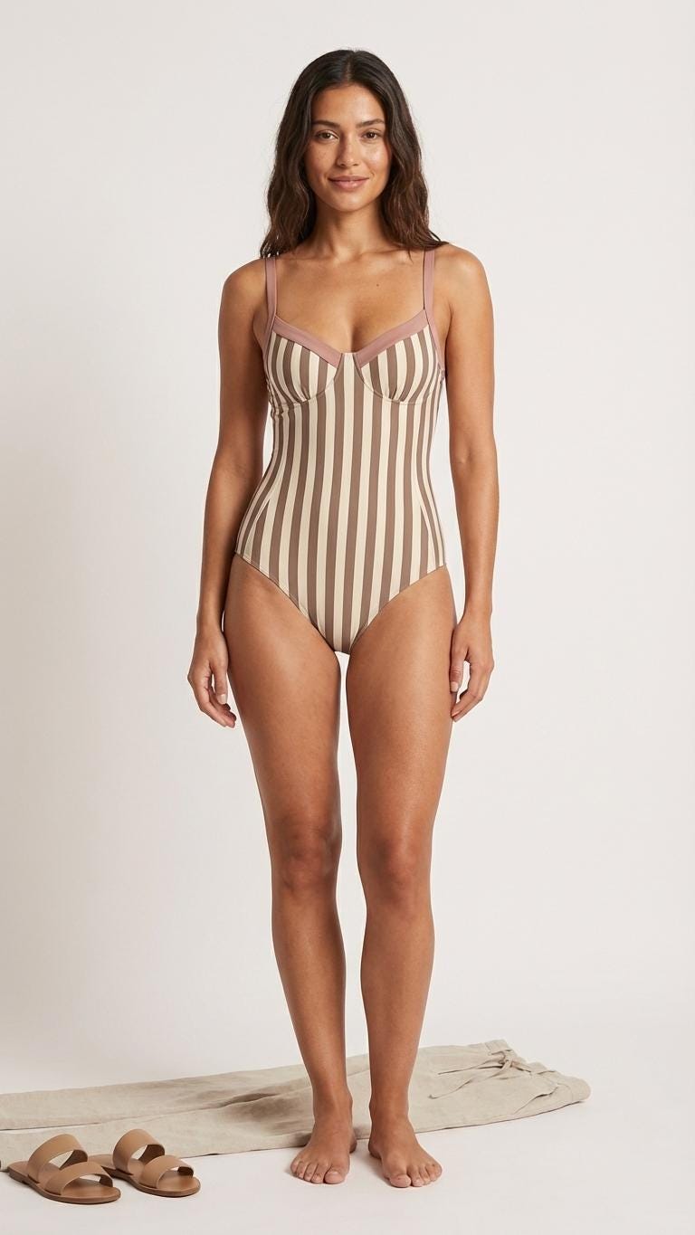 Retro Romantic Striped Push-Up One-Piece Swimsuit with Lace-Up Back, Stripes in Mauve & Other Colours