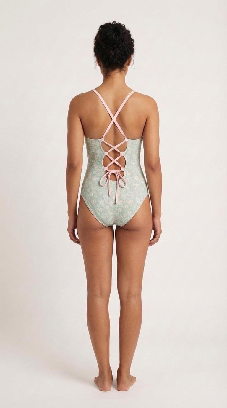Retro Romantic Floral Push-Up One-Piece Swimsuit with Lace-Up Back, Blue Ditsy Florals