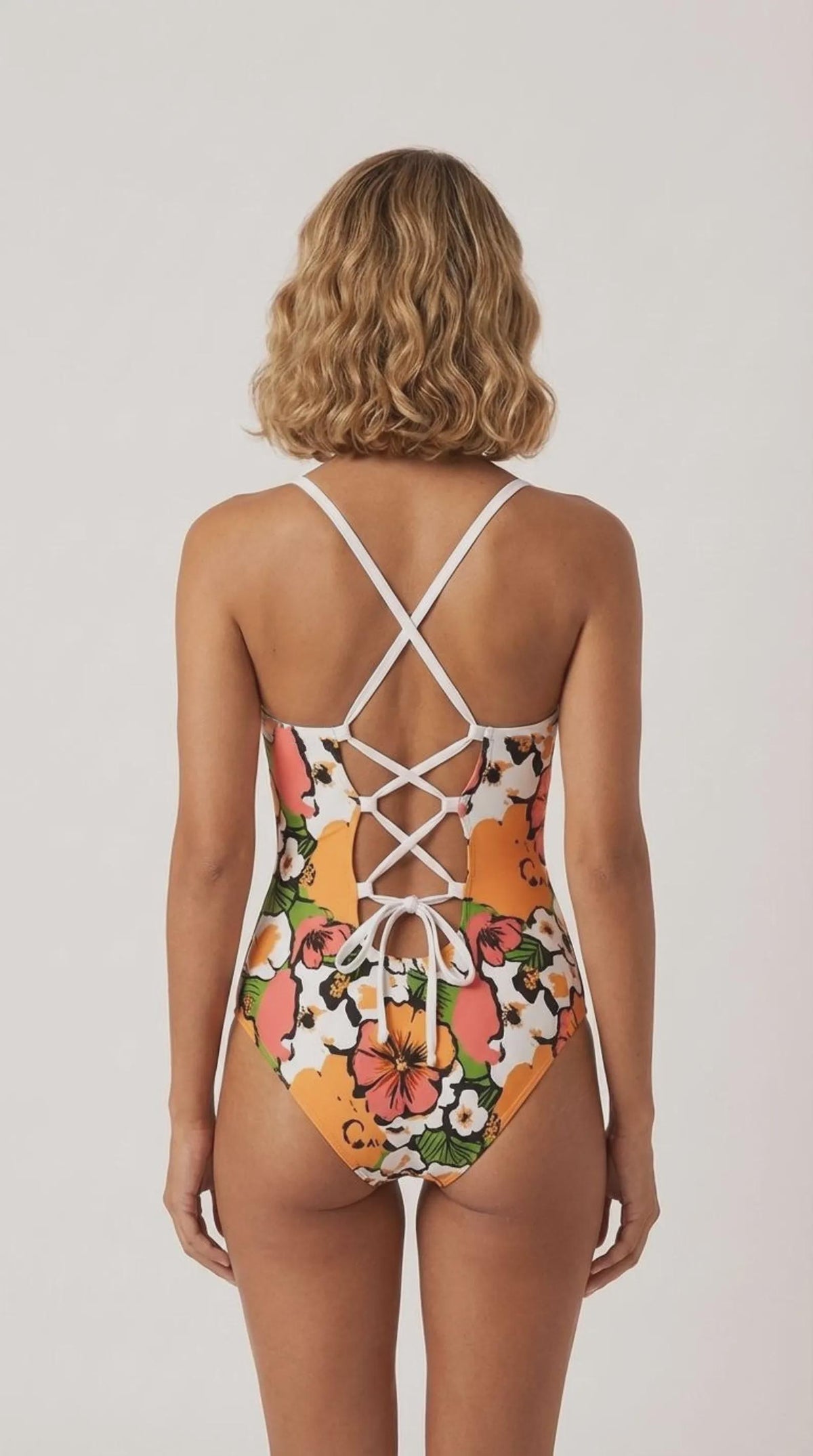 Retro Romantic Floral Push-Up One-Piece Swimsuit with Lace-Up Back, Vintage Hawaii Surf Florals
