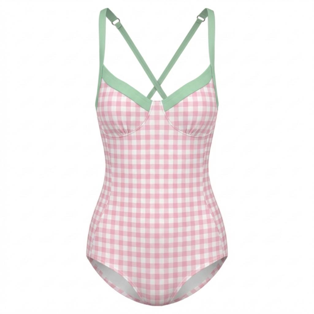 Retro Romantic Gingham Push-Up One-Piece Swimsuit with Lace-Up Back, Pastels