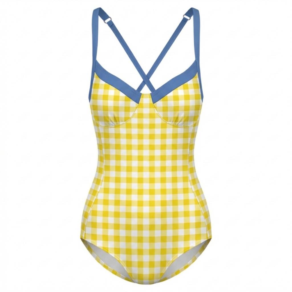 Retro Romantic Gingham Push-Up One-Piece Swimsuit with Lace-Up Back, Pastels